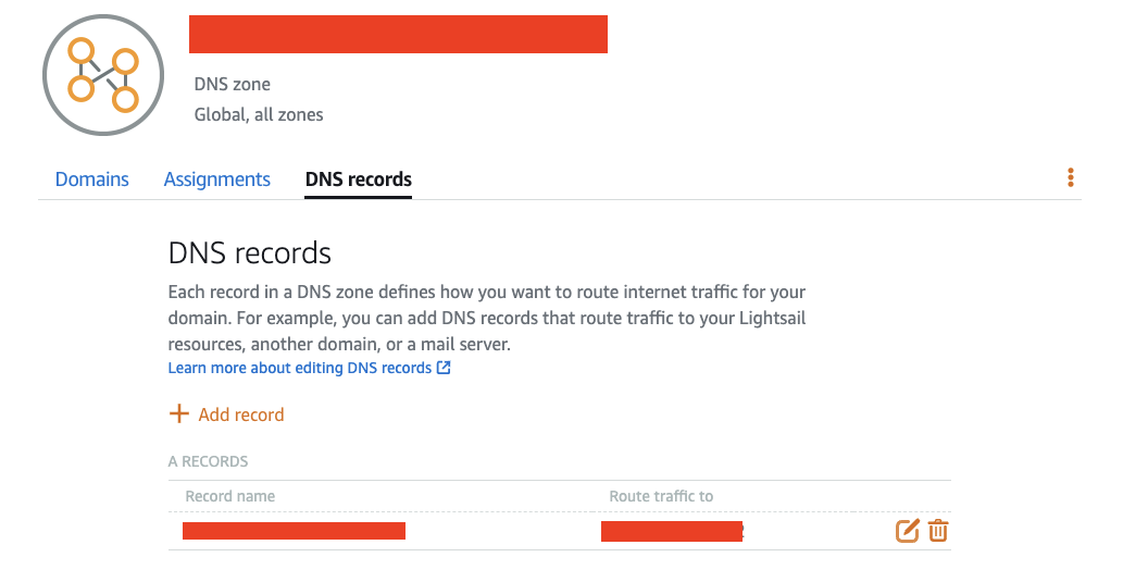 在 DNS records Tab 中可以看到一個 A Record 被新增上去