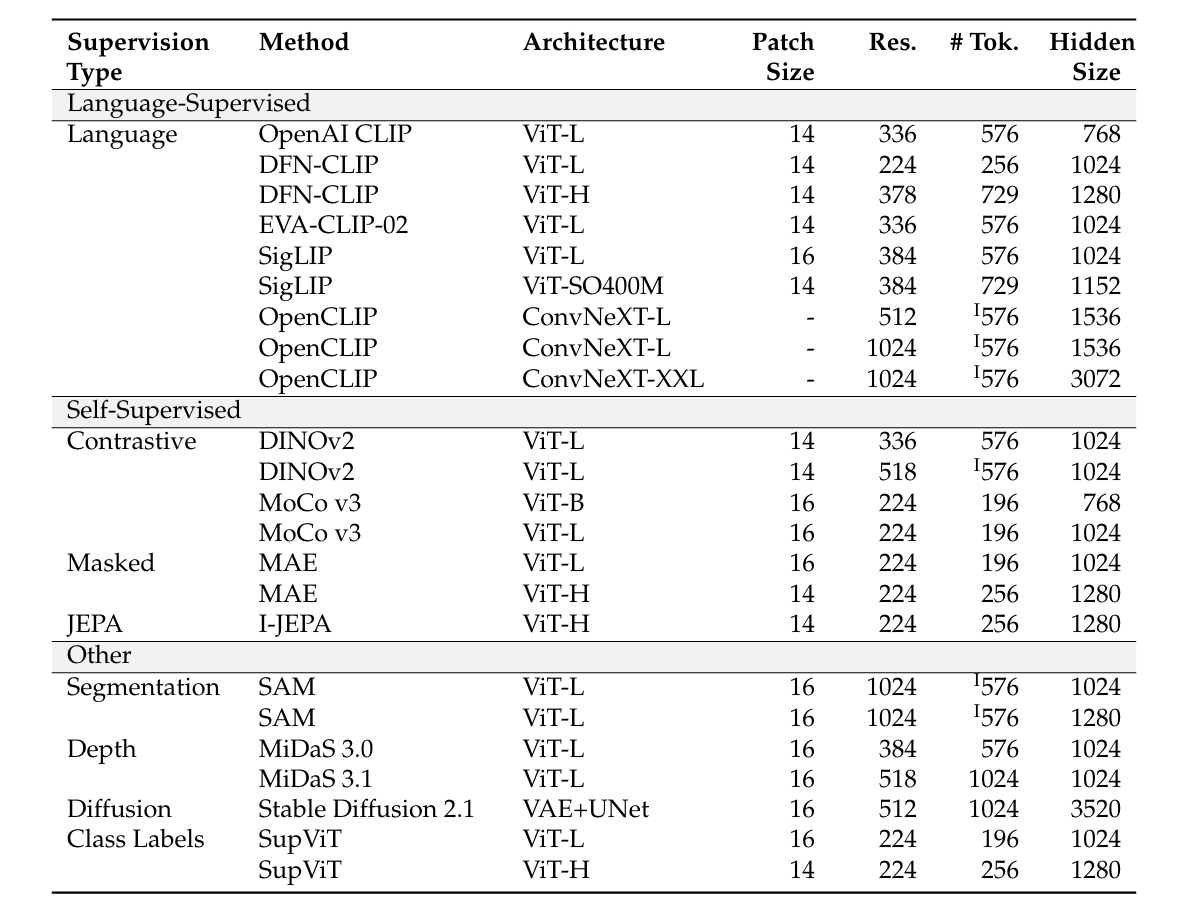 Table 9 | Catalog of all vision backbones tested. "I" denotes that the visual tokens have been interpolated down to the specified length.